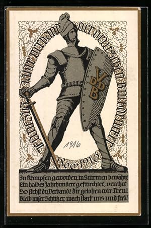 Künstler-Ansichtskarte 50 Jahre Verband Deutscher Buchdrucker, Ritter in Rüstung
