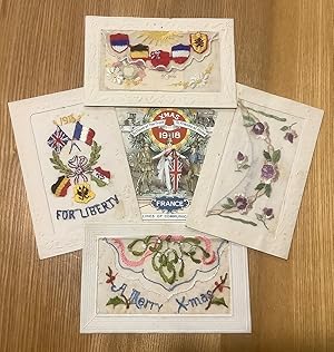 Four silk postcards (one dated 1916 For Liberty, and another 1919), and a Greetings Xmas 1918 car...