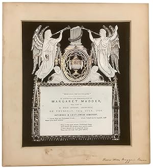 A large and elaborate embossed and gilt decorated memorial card commemorating the death of Margar...