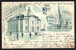 Lithographie Schwabach, Kgl. Post, Schöner Brunnen, Wappen