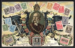 Ansichtskarte Kaiser Franz Josef I. von Österreich, 60. Regierungs-Jubiläum 1908, Briefmarken