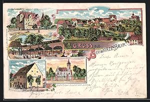 Seller image for Lithographie Schwarzenbruck, Gasthaus mit Spezereihandlung von Sebastian Reck, Garten, Freiherr Betz`sches Schloss for sale by Bartko-Reher