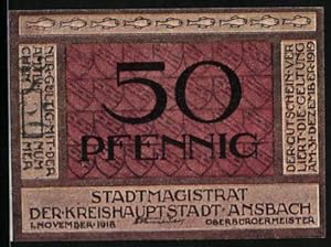 Bild des Verkufers fr Notgeld Ansbach 1918, 50 Pfennig, auf schwarzem Fohlen kommt der Teufel den Mann holen zum Verkauf von Bartko-Reher