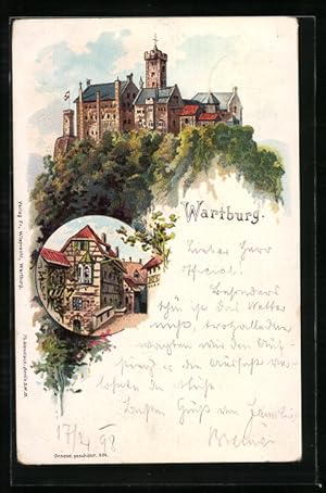 Lithographie Eisenach, Ansicht der Wartburg, Strassenpartie mit verziertem Erker