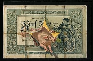 Lithographie Glücksschwein platzt durch Reichskassenschein