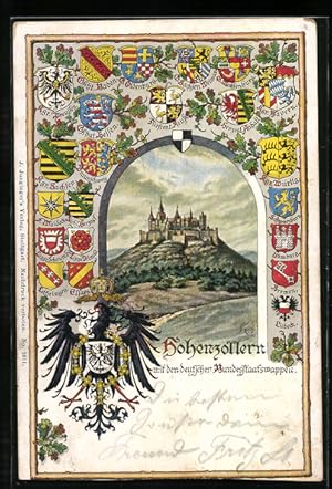 Künstler-Ansichtskarte Hechingen, Burg Hohenzollern, dt. Bundesstaatswappen, Reichsadler