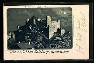 Lithographie Salzburg, Festung Hohen Salzburg im Mondschein