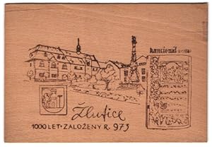 Holz-Ansichtskarte Zlutice, Park, Wappen