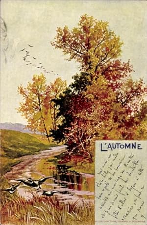 Litho Allegorie, Herbst, Flusspartie, Landschaft, Enten