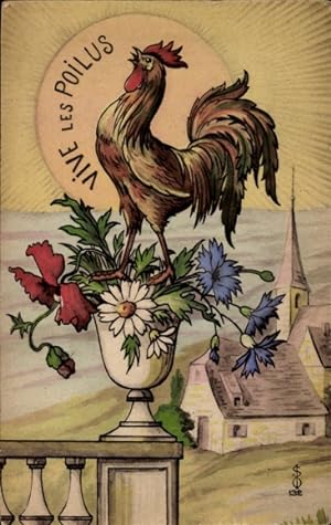 Ansichtskarte / Postkarte Hahn auf der Blumenvase, Blumenstrauß, Kirche