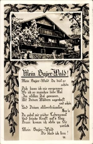 Ansichtskarte / Postkarte Gedicht Mein Bayrischer Wald, Gasthaus, Tannenzapfen