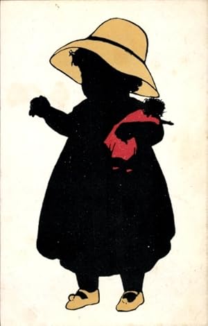 Scherenschnitt Ansichtskarte / Postkarte Kleines Mädchen mit Puppe, Roter Hut