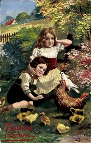 Künstler Ansichtskarte / Postkarte Popp, J., Glückwunsch Ostern, Kinder, Küken - Tuck 261 B