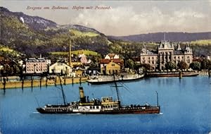 Ansichtskarte / Postkarte Bregenz am Bodensee Vorarlberg, Hafen, Postamt, Dampfer - Photochromie ...