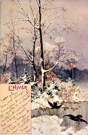 Litho Allegorie, Winter, Landschaft, kahle Bäume