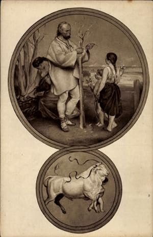 Künstler Ansichtskarte / Postkarte Manes, J., Familienbild, Bauern, Kuh, Monate, Sternzeichen Stier