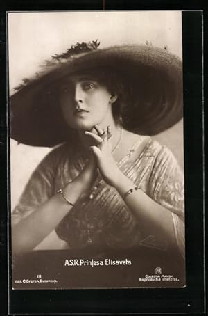 Ansichtskarte Printesa Elisaveta von Rumänien, Halbportrait mit grossem Hut