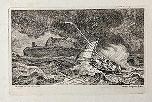 Antique etching 1814 | Christus en zijn apostelen in een storm op het meer van Galilea, La tempêt...