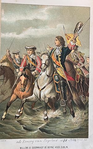 Lithography ca 1880 | Original colored lithograph of Willem III crossing the Boyne river in Dubli...