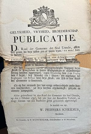 Batavian Republic publication 1797 | Gelykheid, vryheid, broederschap. Publicatie: stad Utrecht (...