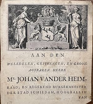 Titlepage bookillustration 1800 | Familiewapen van der Heim titled: Aan Johan vanderHeim burgemee...