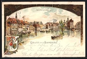 Lithographie Bamberg, Regnitzpartie mit Brückendurchblick, Wappen