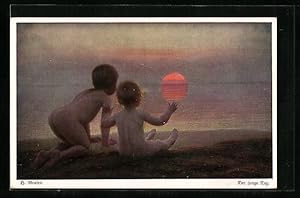 Bild des Verkufers fr Knstler-Ansichtskarte Wohlgemuth, Lissner, Primus-Postkarte No. 3012: der junge Tag, zwei Kinder betrachten den Sonnenaufgang zum Verkauf von Bartko-Reher