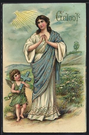 Ansichtskarte Allegorie, Geloof, kleiner Engel begleitet junge Frau auf einem Wiesenpfad