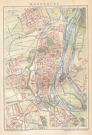 1902 Germany, Magdeburg, Carta geografica antica, Old City Plan, Plan de la ville