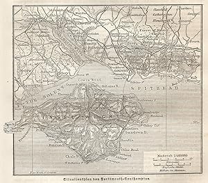 Seller image for 1890 United Kingdom, Portsmouth, Southampton, Carta geografica antica, Old map, Carte gographique ancienne for sale by epokamania