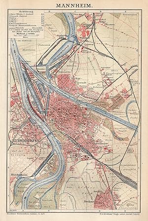 1904 Germany, Mannheim, Carta geografica antica, Old City Plan, Plan de la ville