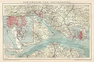 1903 United Kingdom, Portsmouth, Southampton, Carta geografica antica, Old map, Carte géographiqu...