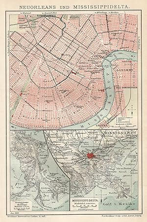 1903 United States, New Orleans and Mississippi River, Carta geografica antica, Old City Plan, Pl...