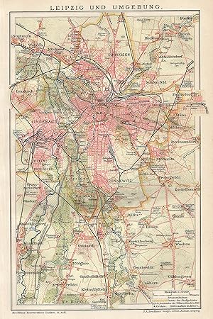 1902 Germany, Leipzig and surroundings, Carta geografica antica, Old map, Carte géographique anci...