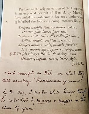 Image du vendeur pour HESPERIDES OR THE WORKS BOTH HUMANE AND DIVINE OF ROBERT HERRICK ESQ Annotated by James Russell Lowell mis en vente par Charles Agvent,   est. 1987,  ABAA, ILAB