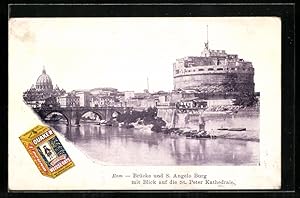 Cartolina Rom, Brücke und S. Angelo Burg mit Blick auf die St. Peter-Kathedrale, Reklame für Quak...