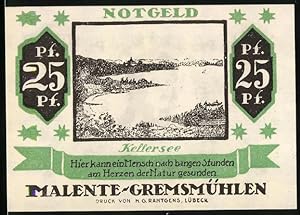 Notgeld Malente-Gremsmühlen 1920, 25 Pfennig, Küstenpanorama am Kellersee