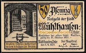 Notgeld Mühlhausen /Thür. 1921, 50 Pfennig, Eule im Archiv, Tillys Schreiben an den Stadtrat 1627