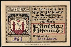 Notgeld Malchow i. M., 50 Pfennig, Blick von Erddamm auf das Kloster