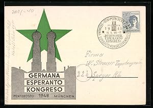 Ansichtskarte München, Germana Esperanto Kongreso 1948, Frauenkirche und grüner Stern