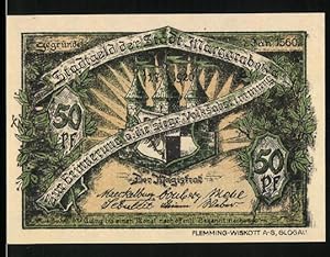Notgeld Marggrabowa 1920, 50 Pfennig, Raubvogel über der Stadt