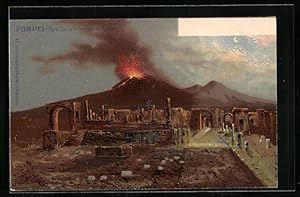 Ansichtskarte Pompei, Foro Civile e Tempio di Giove, Lava spuckender Vulkan bei Nacht