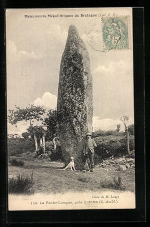 Carte postale Quintin, La Roche Longue avec Passant et chien