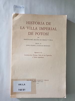 Imagen del vendedor de Historia De La Villa Imperial De Potos : Tomo I : Separata de la Introduccin, Prlogo, Tabla de los Captulos, y varios Apndices : a la venta por Versand-Antiquariat Konrad von Agris e.K.