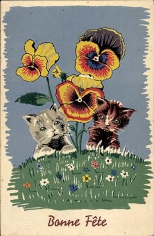 Ansichtskarte / Postkarte Glückwunsch, Zwei junge Katzen, Stiefmütterchen