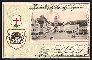 Passepartout-Lithographie Landsberg a. L., Hauptplatz mit Brunnen, Stadtwappen