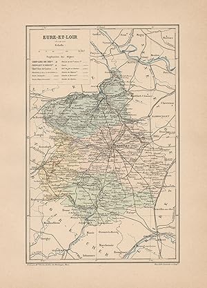 1892 France, Eure-et-Loire, Carta geografica, Old map, Carte géographique ancienne