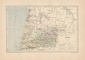 1892 France, Landes, Carta geografica, Old map, Carte géographique ancienne