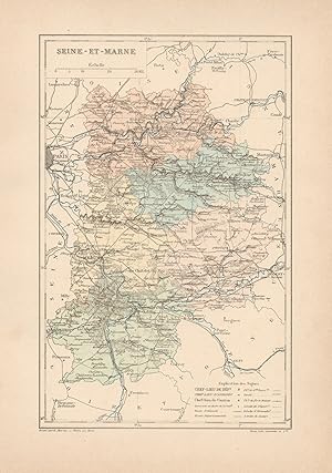 1892 France, Seine et Marne, Carta geografica, Old map, Carte géographique ancienne