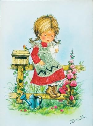 Seidenstick Künstler Ansichtskarte / Postkarte May, M., Mädchen im Garten, Gießkanne, Blumen